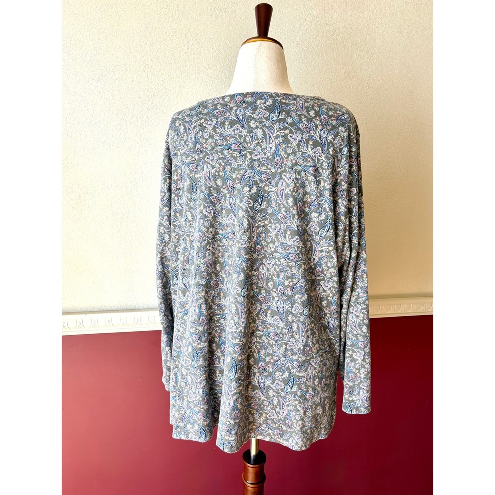 J. Jill Simply Supima Side-Split Tunic 2X Sage Green Paisley V-Neck Cotton Top - Picture 3 of 11